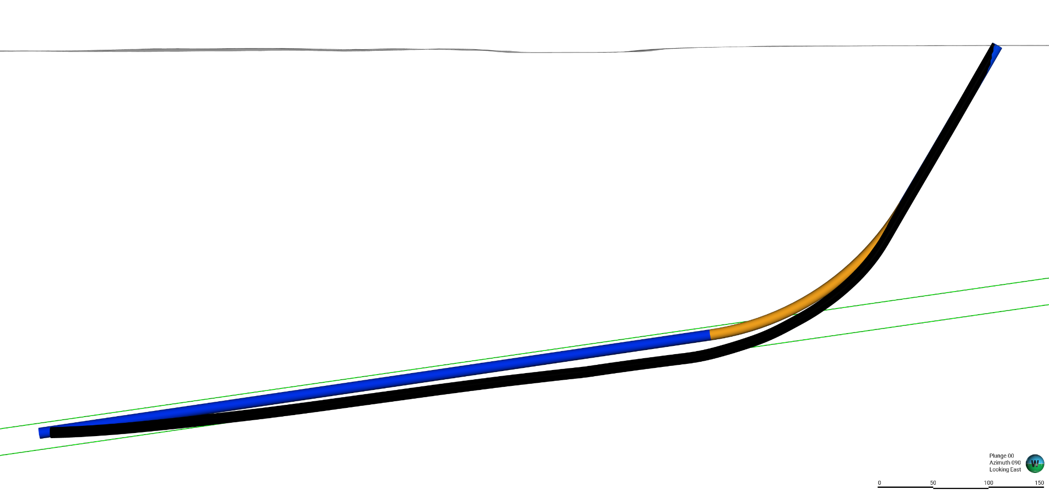 Picture showing a planned drill hole (blue/orange) and a realized drill hole (black).